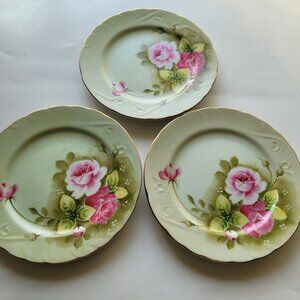 Lefton Heritage Rose Green Vintage 7.5" Plate Set of 3